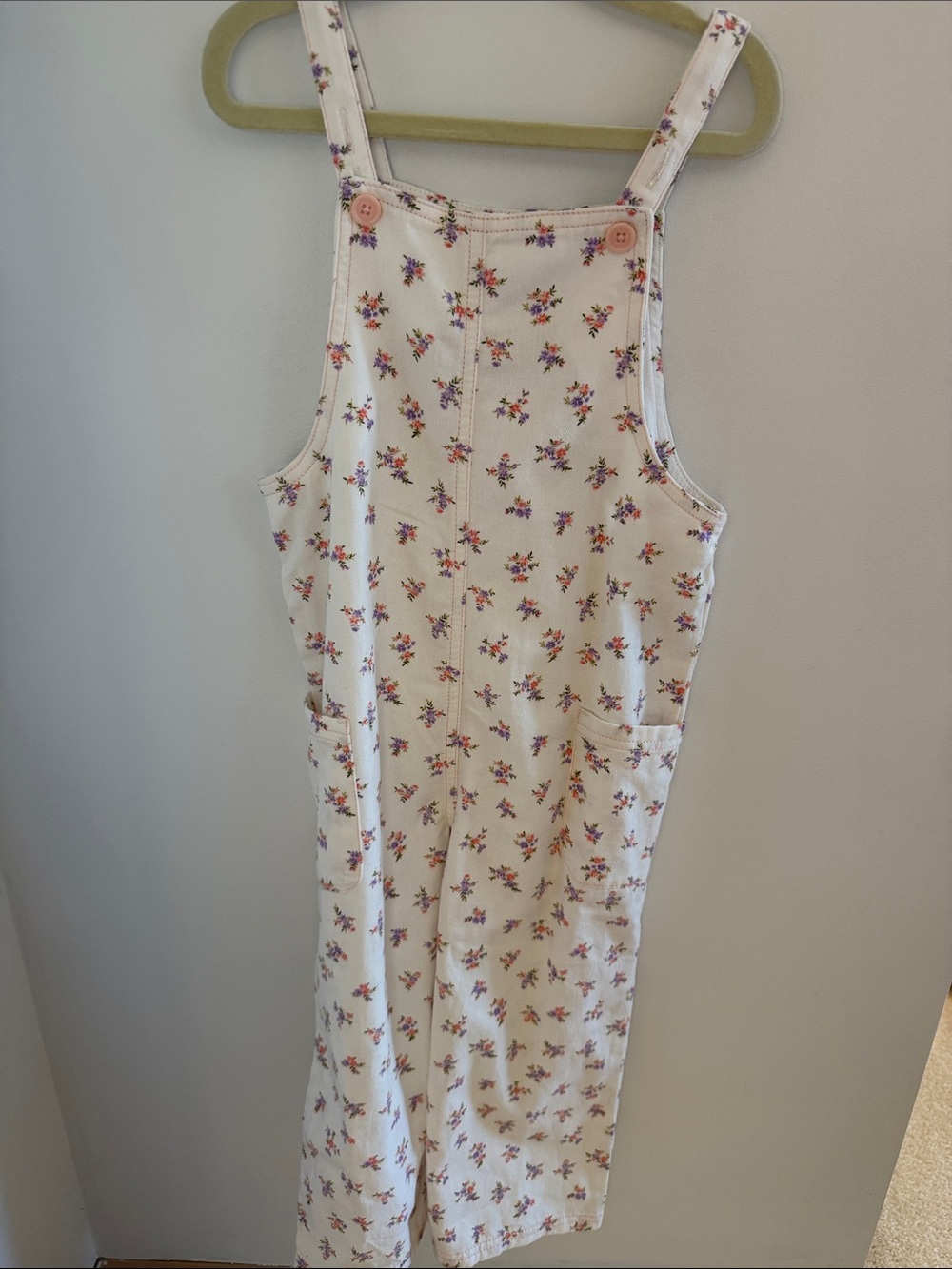 Old Navy Cream Overalls with Pink & Purple Floral Print